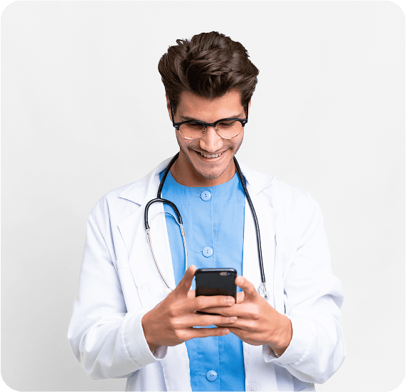 Hands holding a glowing mobile device with blue lighting effects